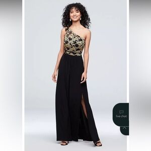 Morgan & Co Black & Gold One-Shoulder Formal / Prom Dress Size 16